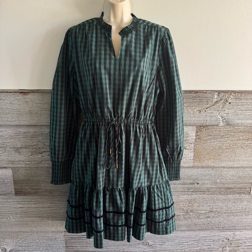 Draper James Green Plaid Ruffled Tiered Sundress w Bishop Sleeves Size medium